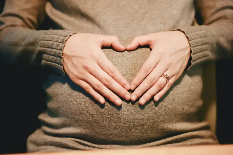 A pregnant person gently holding their belly